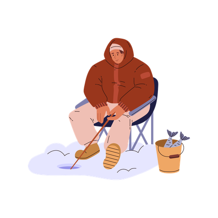 Winter fishing trip with young guy on folding chair who is fishing  Illustration