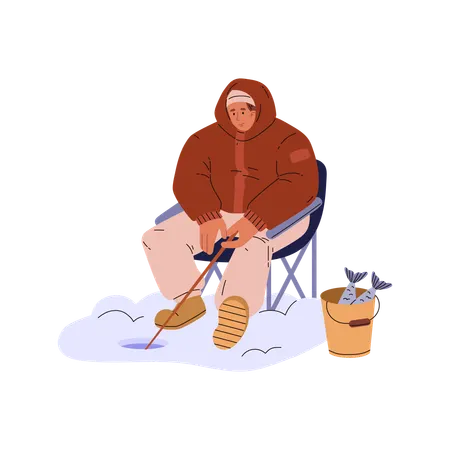 Winter fishing trip with young guy on folding chair who is fishing  Illustration