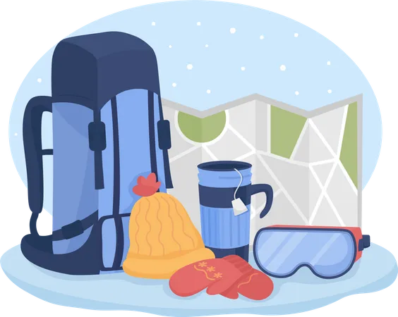 Winter Hiking Gear 2 D Vector Isolated Illustration Backpack And Hikers Stuff Camping Trip Equipment Flat Composition On Cartoon Background Seasonal Recreation Preparation Colourful Scene Illustration
