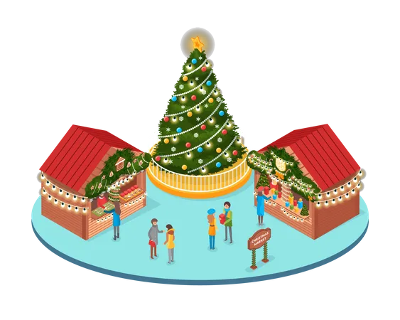 Winter Holidays Market with People at Christmas Fair  Illustration