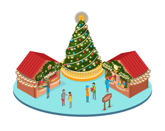 Winter Holidays Market with People at Christmas Fair  Illustration