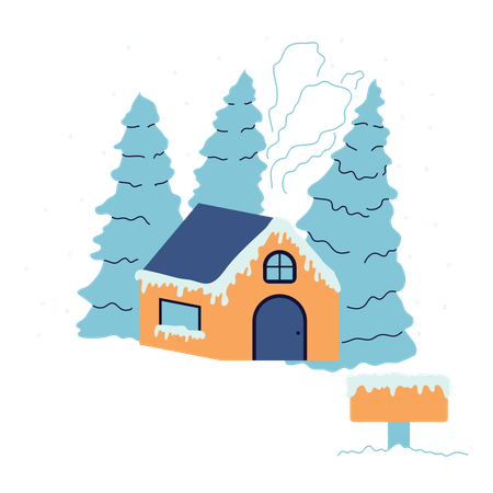 Winter house and pine trees  Illustration