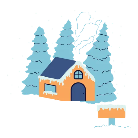 Winter house and pine trees  Illustration