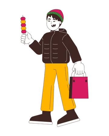 Winter outerwear japanese boy with dango on stick  Illustration