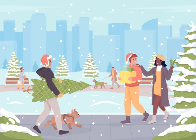 Winter Park Flat Color Vector Illustration Xmas Holiday Fuss Dog Walkers Winter Season Preparedness Fully Editable 2 D Simple Cartoon Characters With Festive Christmas Atmosphere On Background Illustration