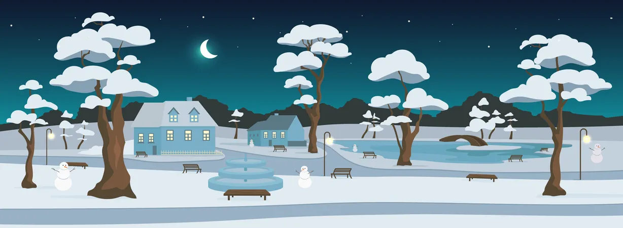 Winter Park At Night Flat Color Vector Illustration City Recreation Zone Village Square Outdoor Rest Snowy Streets And Houses 2 D Cartoon Landscape With Trees And Crescent Moon On Background Illustration