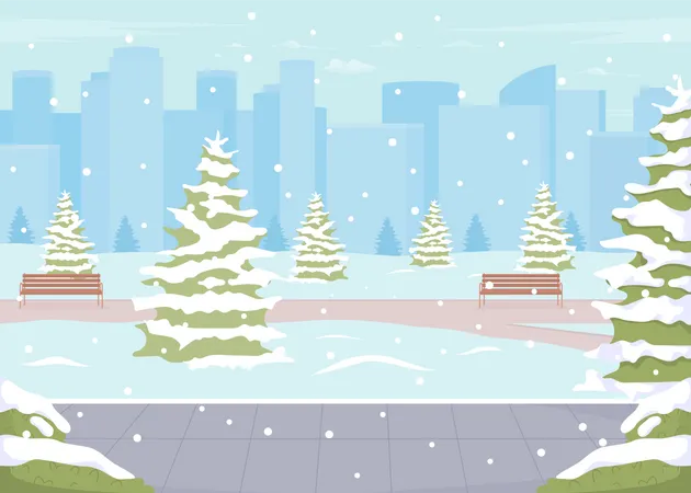 Winter Park With Evergreen Trees Flat Color Vector Illustration Xmas Holiday Celebration Wonderland Scene Fully Editable 2 D Simple Cartoon Cityscape With Christmas Scenery On Background Illustration