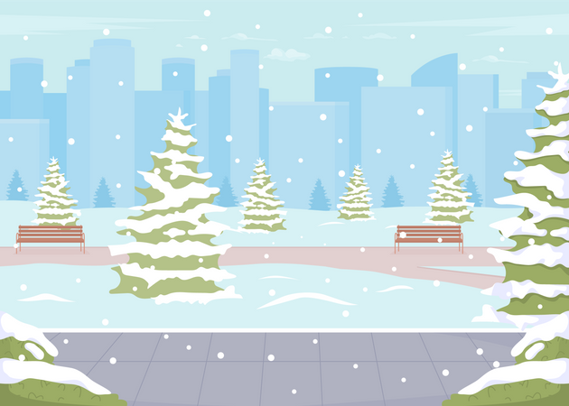 Winter park with evergreen trees  Illustration