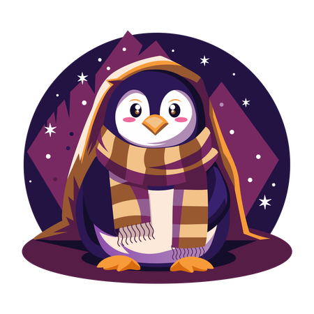 Winter Penguin wearing scarf and holding blanking  Illustration