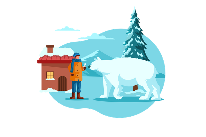 Winter Polar Bear standing near man Illustration
