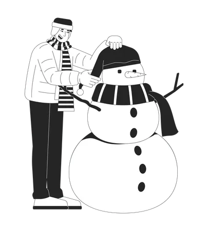 Winter puffer jacket man putting hat on snowman  Illustration