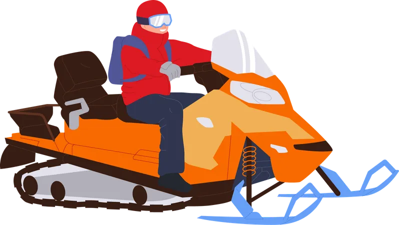 Winter Rescuer Man Cartoon Character Driving Snowmobile To Search And Find Victim At Mountain Resort After Avalanche Vector Illustration Isolated On White Skilled Assistant Of Emergency Service Illustration