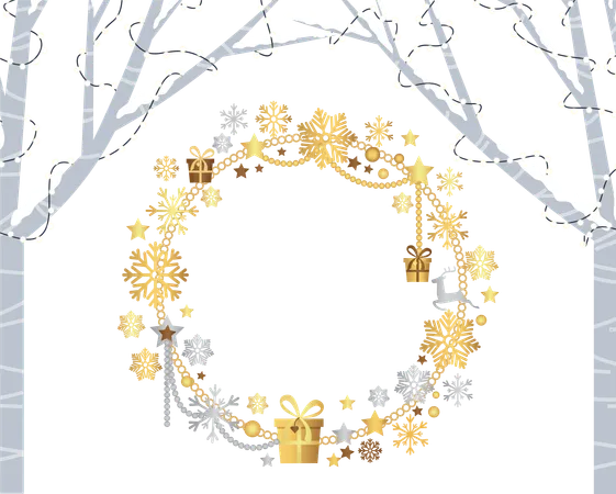 Winter Sale For Shoppers Promotional Poster Discounts In Shops And Clearance In Store Wreath Made Of Snowflakes And Presents In Boxes Having Ribbon Bow Decor Trees With Garlands Vector In Flat Illustration