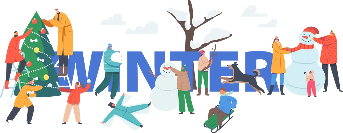 Winter Concept Happy Family Parents With Kids Making Snowman On Snowy Landscape Wintertime Outdoor Activity People Playing On Christmas Holidays Poster Banner Or Flyer Cartoon Vector Illustration Illustration