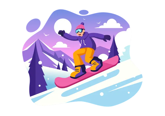 Snowboarding Vector Illustration Featuring People Sliding And Jumping On A Snowy Mountain Slope During Winter Flat Style Cartoon Background Illustration
