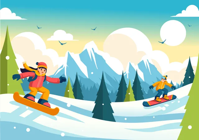 Snowboarding Vector Illustration Featuring People Sliding And Jumping On A Snowy Mountain Slope During Winter Flat Style Cartoon Background Illustration