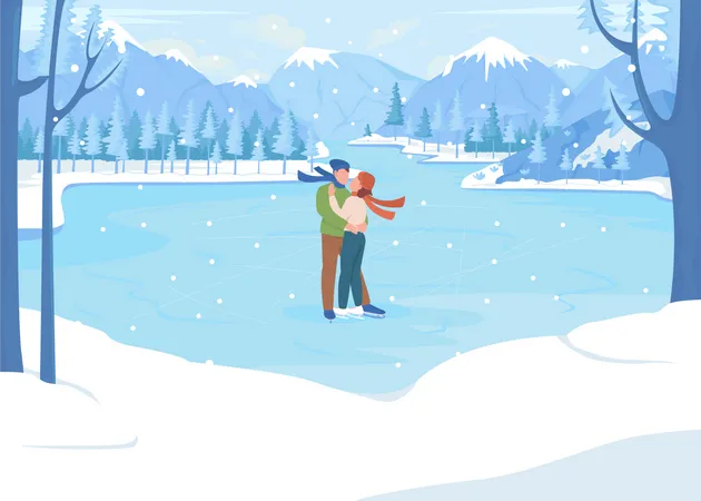 Winter Weekend Getaway Flat Color Vector Illustration Spending Romantic Weekend Cold Weather Young Couple Enjoy Skating Together 2 D Simple Cartoon Characters With Mountains And Lake On Background Illustration