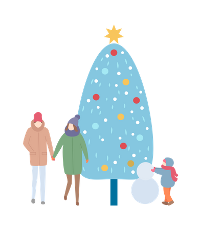 Winterfamilie mit Baum und Schneemann  Illustration