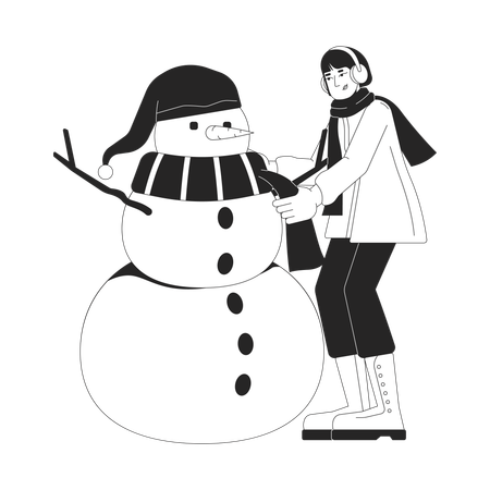 Wintermantel-Frau bindet Schal um Schneemannhals  Illustration