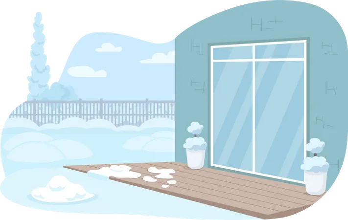 Wintertime Backyard 2 D Vector Isolated Illustration Snow On Residential Home Porch And Yard Winter Season Flat Scenery On Cartoon Background Cold Weather In Suburban Area Colourful Scene Illustration