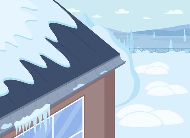 Wintertime House Roof Flat Color Vector Illustration Snow Laying On House Icicles Hanging From Roof In Suburban Area Freezed Rooftop 2 D Cartoon Outdoors Scene With Snow On Background Illustration