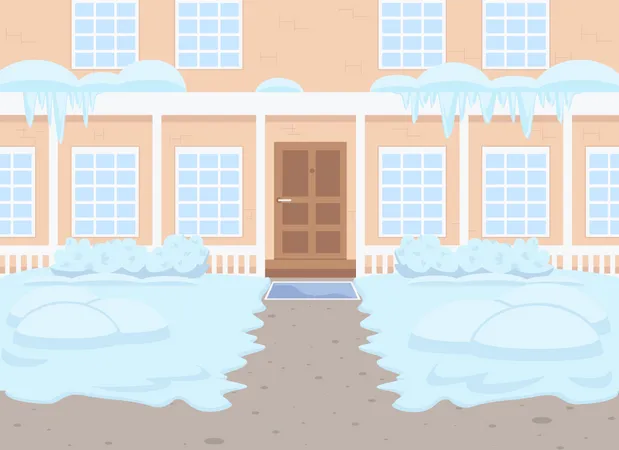 Wintertime Suburban Home Flat Color Vector Illustration Snow Laying In Suburban Estate Yard Cold Weather Sidewalk To Residential House 2 D Cartoon Outdoors Scene With Snow On Background Illustration