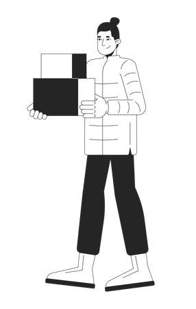 Winterwear man carrying cardboard boxes  Illustration