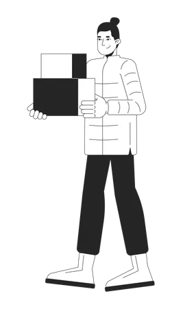 Winterwear man carrying cardboard boxes  Illustration