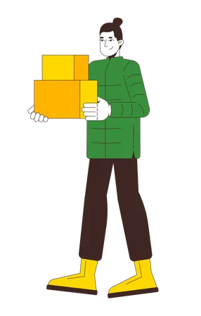 Winterwear man carrying cardboard boxes  Illustration