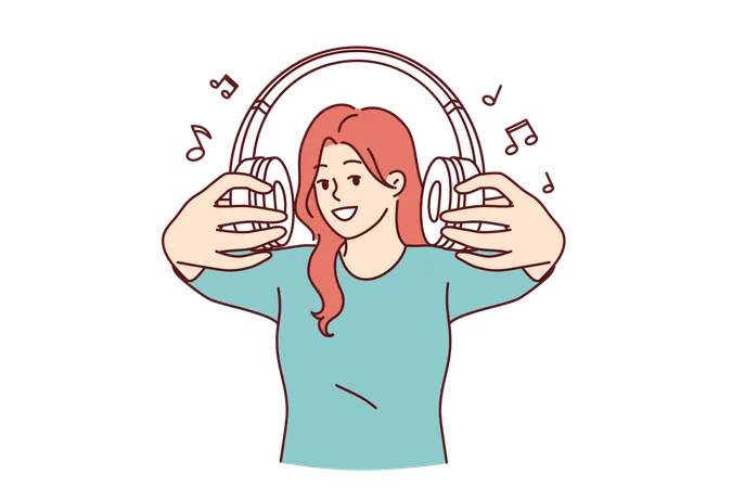Wireless Headphones In Hands Of Woman Inviting You To Listen To Popular Songs Or Radio Broadcasts Together Cheerful Girl With Headphones Proud Of Collected Playlist Of Rare Compositions Illustration
