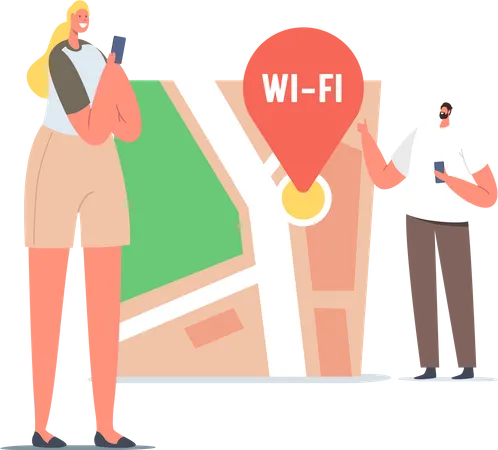Tiny Male And Female Character With Smartphones At Huge Map With Wifi Pin Finding Correct Way In Big City Satellite Geolocation Positioning Sport Navigation Cartoon People Vector Illustration Illustration
