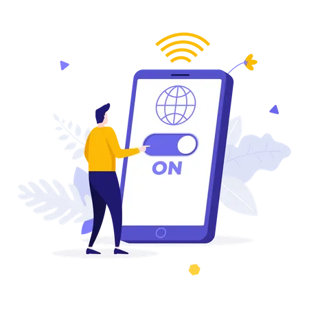Person Using Slider On Smartphone Screen To Turn On Wifi Concept Of Mobile Network Wireless Internet Connection Technology For Cellphone Modern Colorful Flat Vector Illustration For Poster Banner Illustration