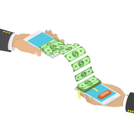 Wireless Money Transfer Isometric Vector Illustration Two Smartphones In Mens Hands And Bundle Of The Banknotes Flying From One Smartphone To The Other Illustration