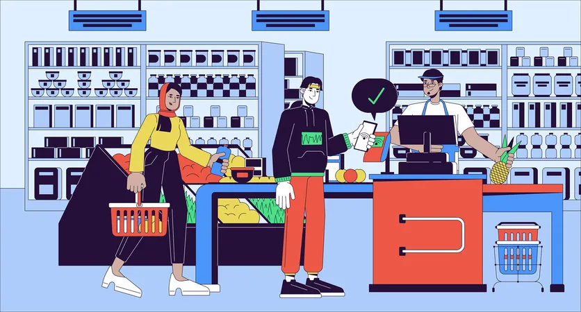 Wireless Paying At Grocery Cartoon Flat Illustration NFC Phone Customer Cashier Supermarket Diverse 2 D Line Characters Colorful Background Checkout Line Terminal Scene Vector Storytelling Image Illustration