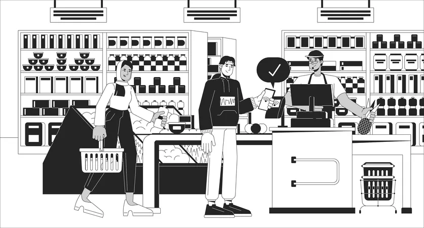 Wireless Paying At Grocery Black And White Line Illustration NFC Phone Customer Cashier Supermarket Diverse 2 D Characters Monochrome Background Checkout Line Terminal Outline Scene Vector Image Illustration