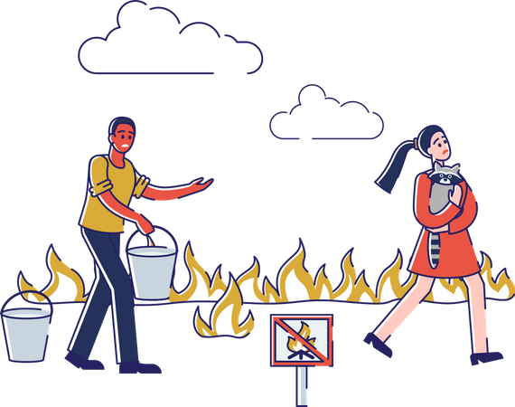 Wasser auf Waldbrand schütten und Mädchen retten  Illustration