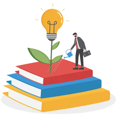 Knowledge Wisdom To Create New Idea Creativity Or Innovation From Reading Books Education Or Learning New Skill To Success Study Or Library Smart Young Man With Book Stack With Light Bulb Plant Illustration