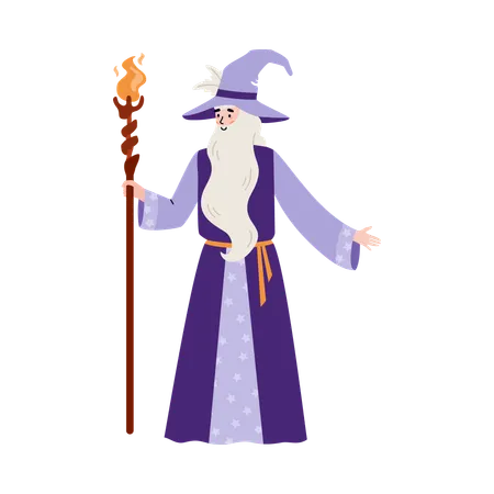 Wise wizard with beard hold magic staff with fire  Illustration