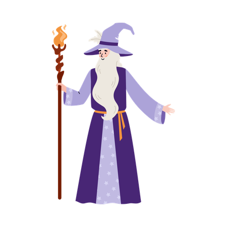 Wise wizard with beard hold magic staff with fire  Illustration