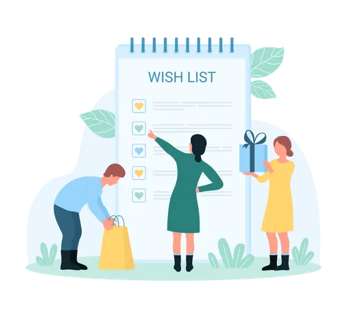Wishlist For Shopping Vector Illustration Cartoon Tiny People Check Summary List Of Gifts On Paper Notepad Sheet Put Hearts Checkboxes On List Form Add Favorite Purchases To Planner Checklist Illustration