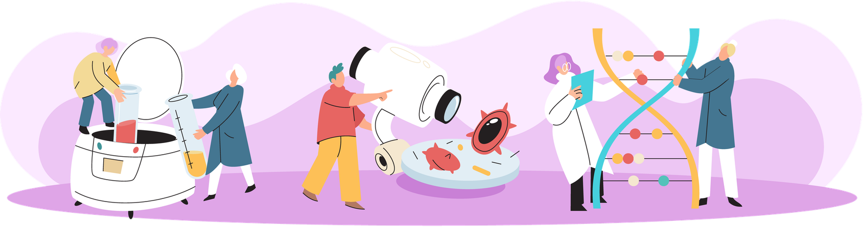 Wissenschaftler führen wissenschaftliche Forschungen durch, Team von Laborassistenten mit Reagenzglasszenen  Illustration