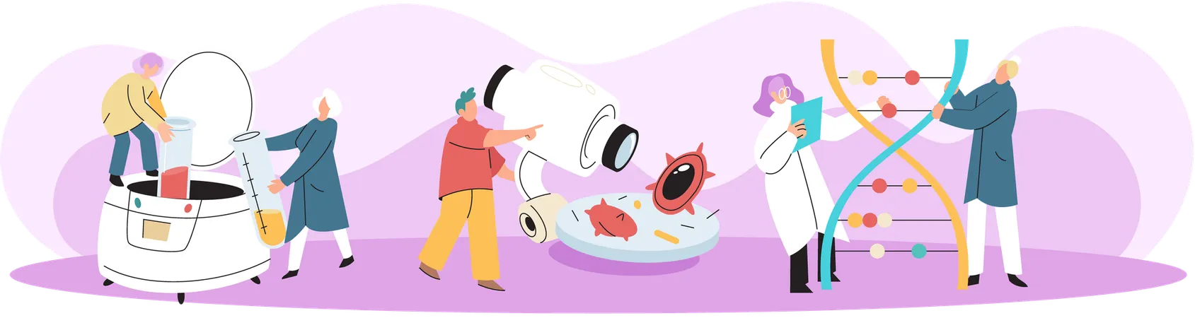 Wissenschaftler führen wissenschaftliche Forschungen durch, Team von Laborassistenten mit Reagenzglasszenen  Illustration