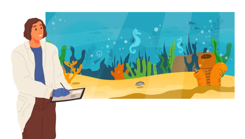 Ozeanographiewissenschaft Praktisches Studium Der Ozeane Und Meere Wissenschaftler Im Aquarium Studieren Die Unterwasserwelt Der Mensch Analysiert Vertreter Des Meereslebens Korallen Analyse Der Wasserflora Und Fauna Illustration
