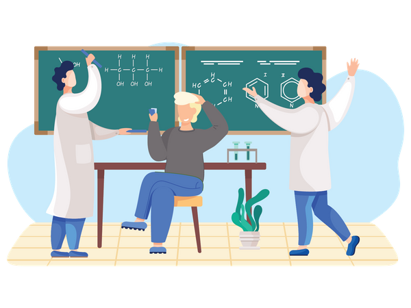 Wissenschaftler lernen auf Tafel  Illustration