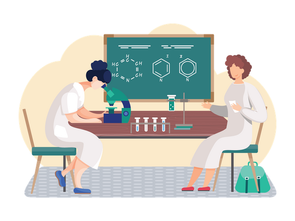 Wissenschaftler machen Experiment mit Flüssigkeiten  Illustration