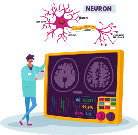 Wissenschaftler untersuchen im Labor das menschliche Gehirn mit Neuronenschema  Illustration