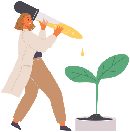 Wissenschaftler schüttet Chemikalie auf Pflanze  Illustration