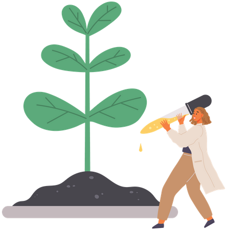 Wissenschaftler schüttet Chemikalie auf Pflanze  Illustration