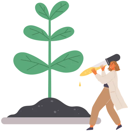 Wissenschaftler schüttet Chemikalie auf Pflanze  Illustration