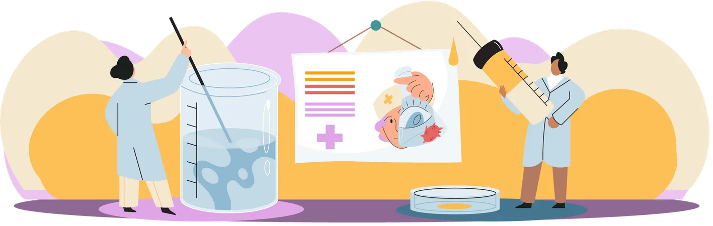 Wissenschaftlerteam führt wissenschaftliche Forschungen durch. Team von Laborassistenten mit Reagenzgläsern  Illustration
